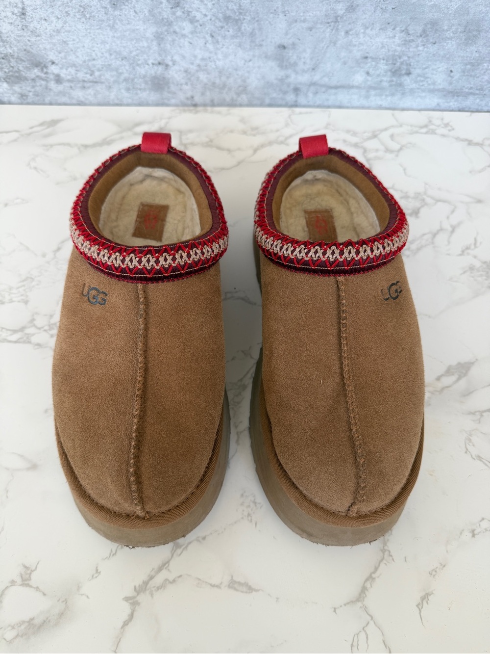 UGG Men's Chestnut Suede Slip-On Clogs with Red Trim